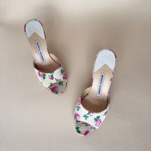 Vintage Manolo Blahnik White, Pink & Green Flower Sandal Heel